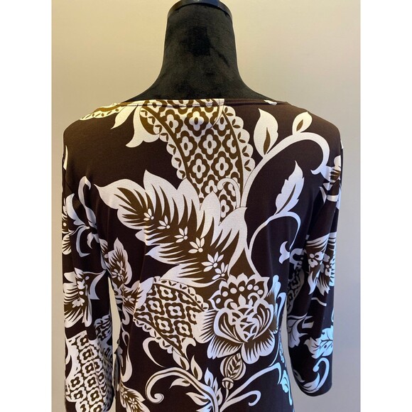 AGB Blouse Size XL Faux Wrap Style Top Brown White Design + Stretch 3/4 Sleeves - Picture 6 of 10